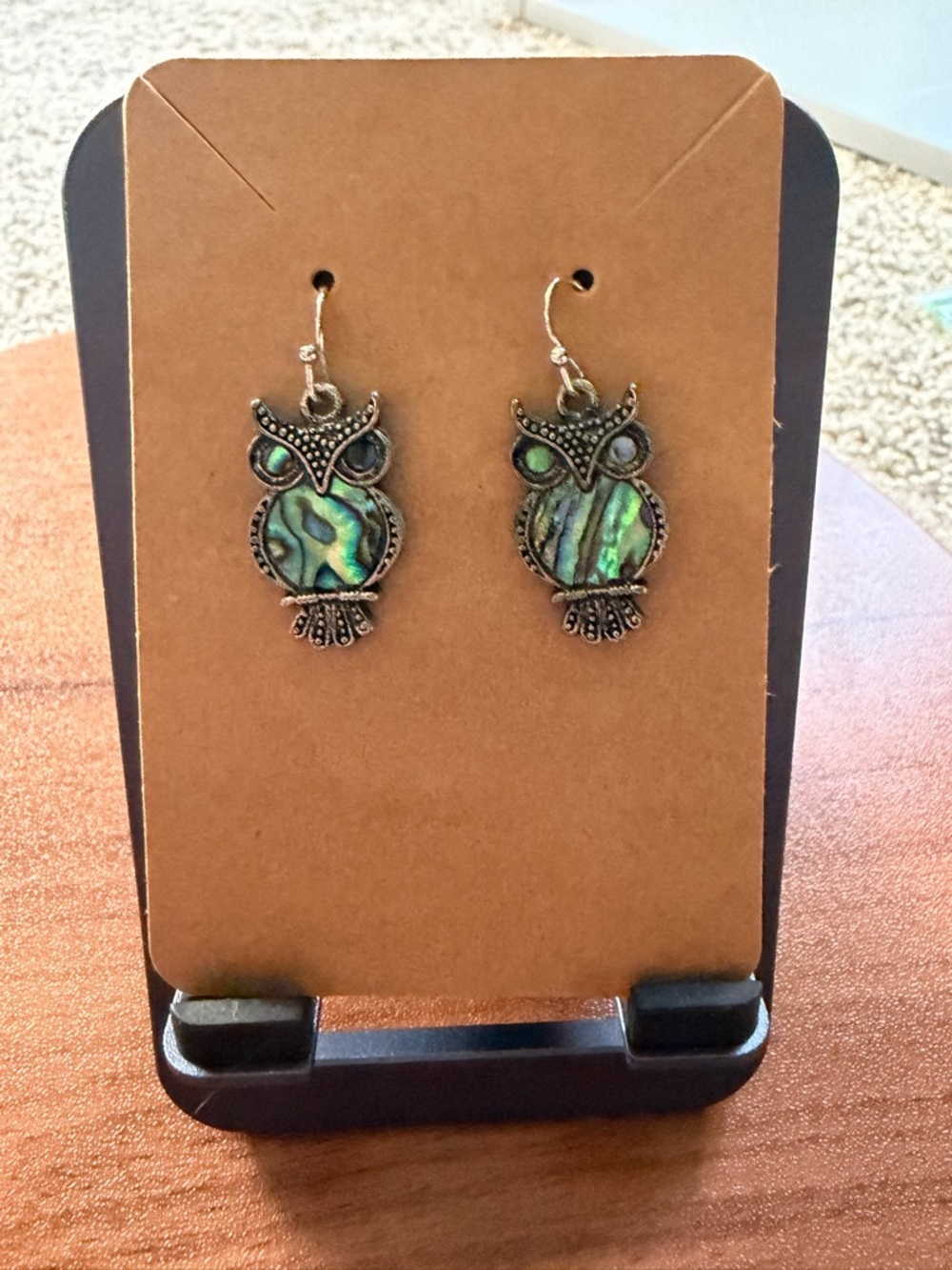 Abalone Owl Drop Earrings - Green Shell Accent